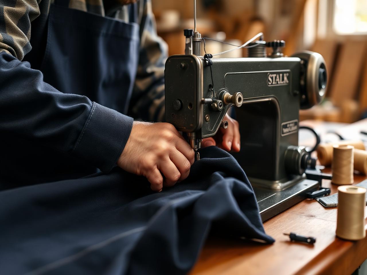 Craftsman sewing heavy navy marine canvas on an industrial sewing machine