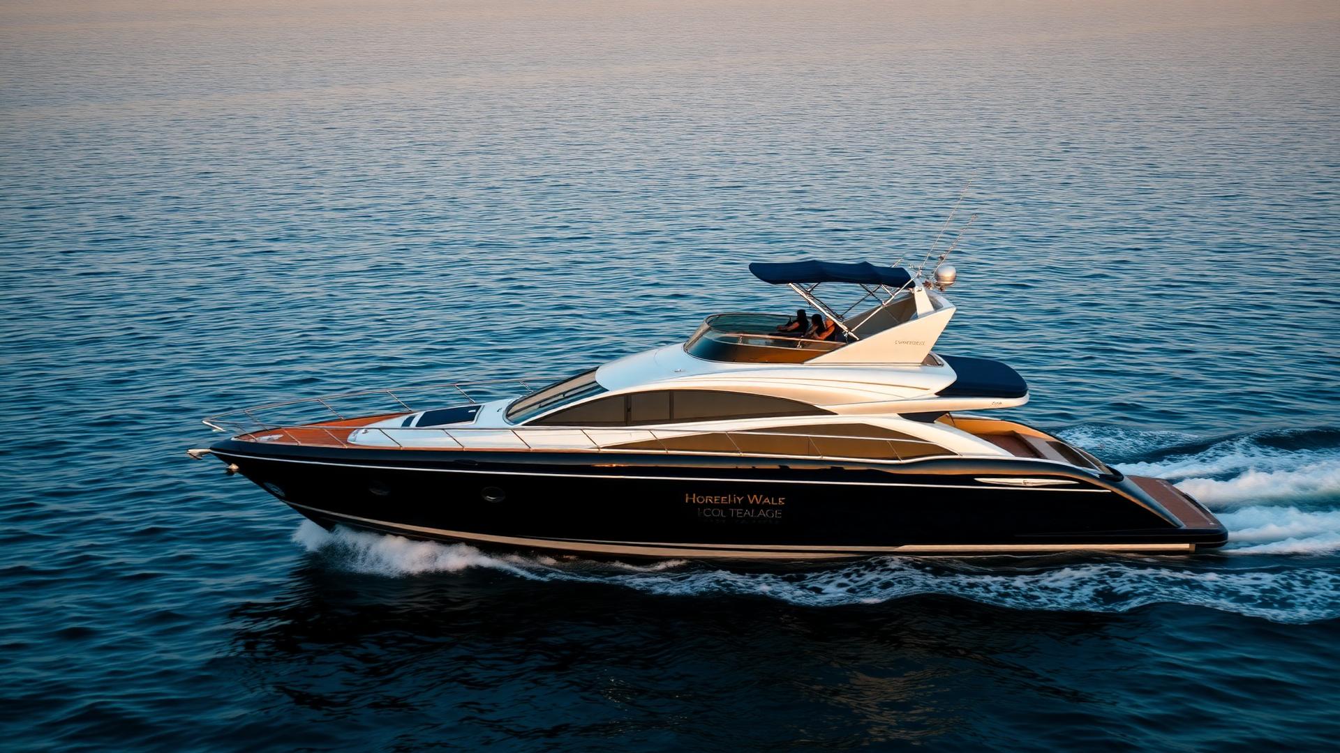 Luxury yacht with custom navy canvas bimini cruising on calm water at golden hour