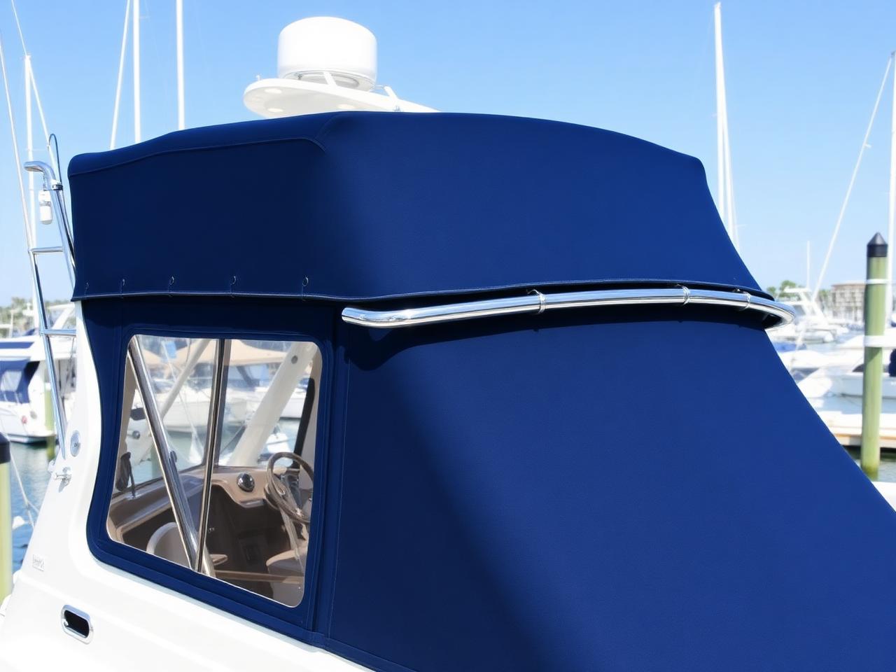 Custom navy canvas enclosure and bimini top installed on a yacht