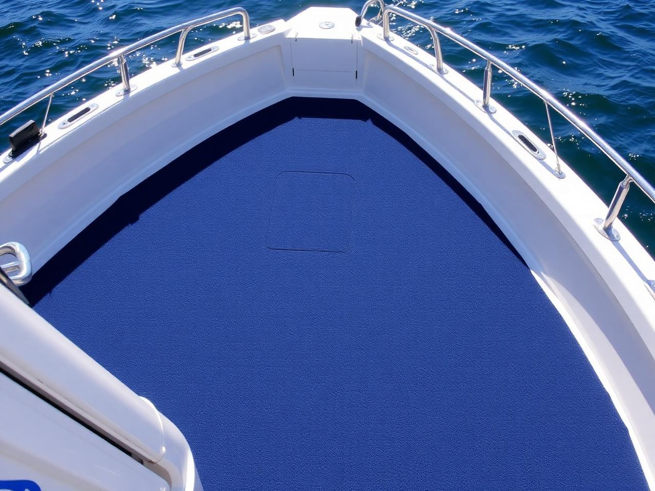 Newly installed deep navy marine carpet on a boat cockpit deck
