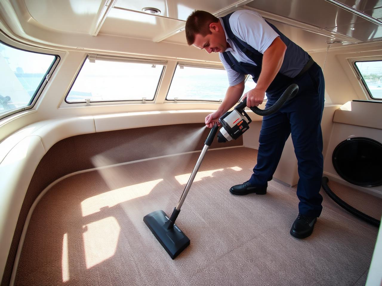 Technician professionally cleaning marine carpet inside a boat cabin