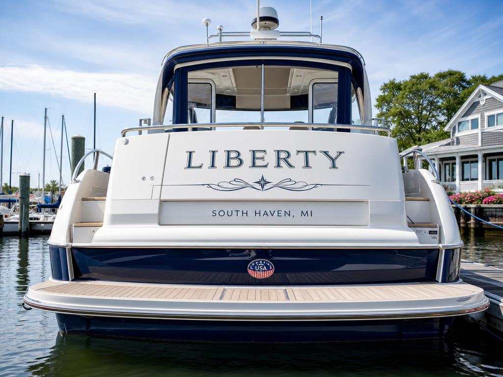 Boat transom with custom vinyl yacht graphics spelling 'LIBERTY' and South Haven, MI hail port
