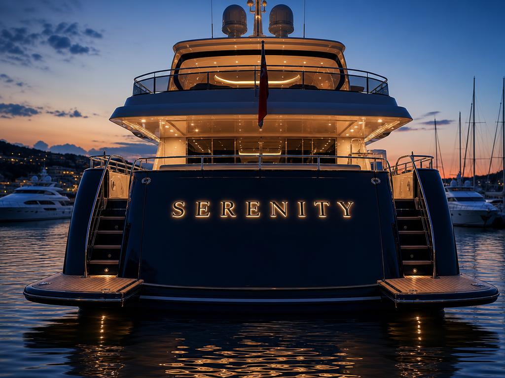 Yacht transom at dusk with glowing illuminated 'SERENITY' name lettering in warm gold light
