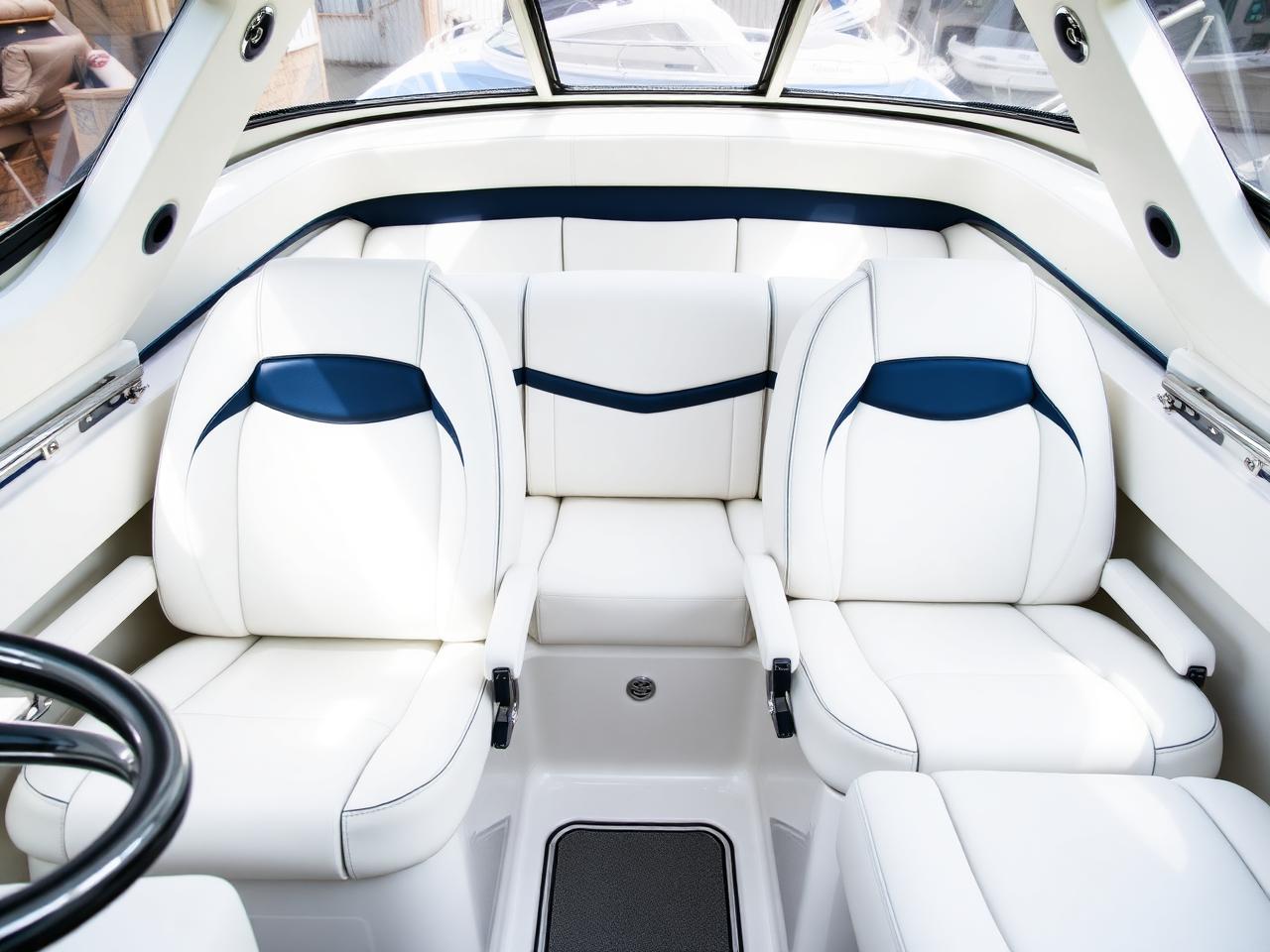 Freshly upholstered white marine-grade vinyl boat seats with navy accents